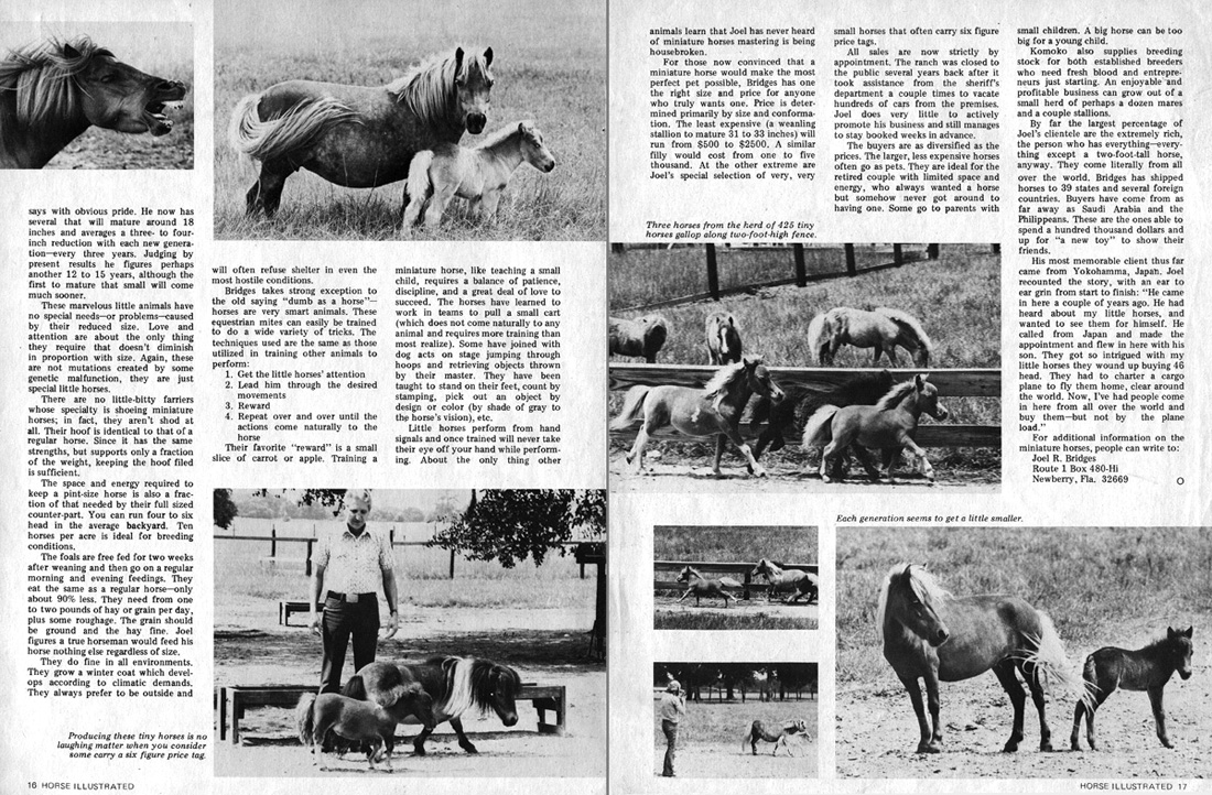 Horse Illustrated magazine, March-April	1980: Thinking Big in a Small Way. Text and photos by Adrian Hoff.