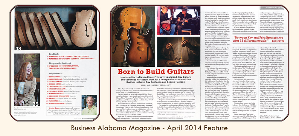 Thumbnail image linked to Mobile Alabama writer and photographer Adrian Hoff's profile of master luthier Roger Fritz, "Born to Build Guitars." Published in PMT Publishing's Business Alabama magazine, April 2014. 