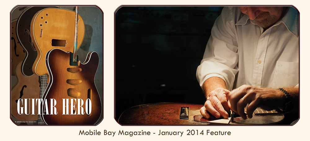 Thumbnail image linked to Alabama writer and photographer Adrian Hoff's feature article, “Guitar Hero — The sweet sounds of Roger Fritz’s handcrafted axes have attracted quite the celebrity following, from George Harrison to Randy Jackson.” Published Mobile Bay Magazine, January 2014. 