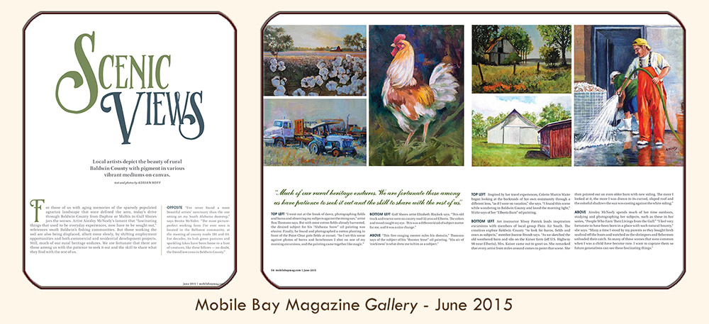 Thumbnail image linked to Alabama writer and photographer Adrian Hoff's Gallery article, “Scenic Views: Local artists depict the beauty of rural Baldwin County.” Published in PMT Publishing's Mobile Bay Magazine, June 2015 