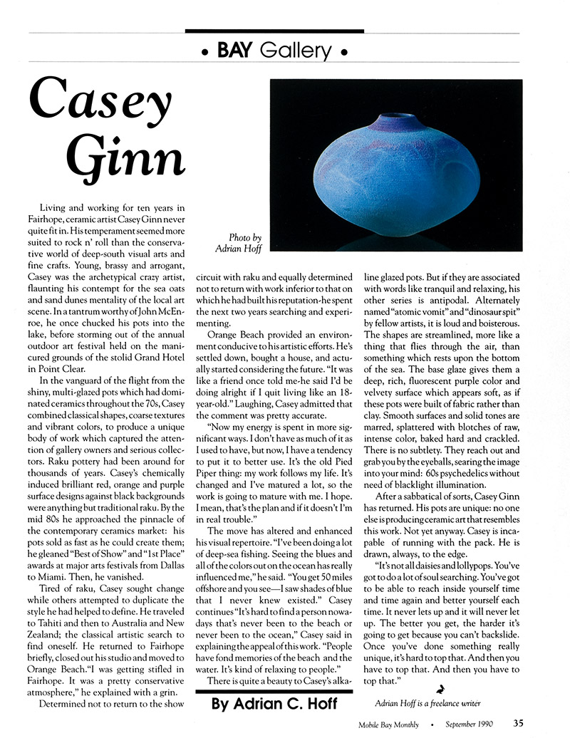 Mobile Bay Monthly, Bay Gallery, Sept. 1990. Casey Ginn, Text and photo by Adrian Hoff